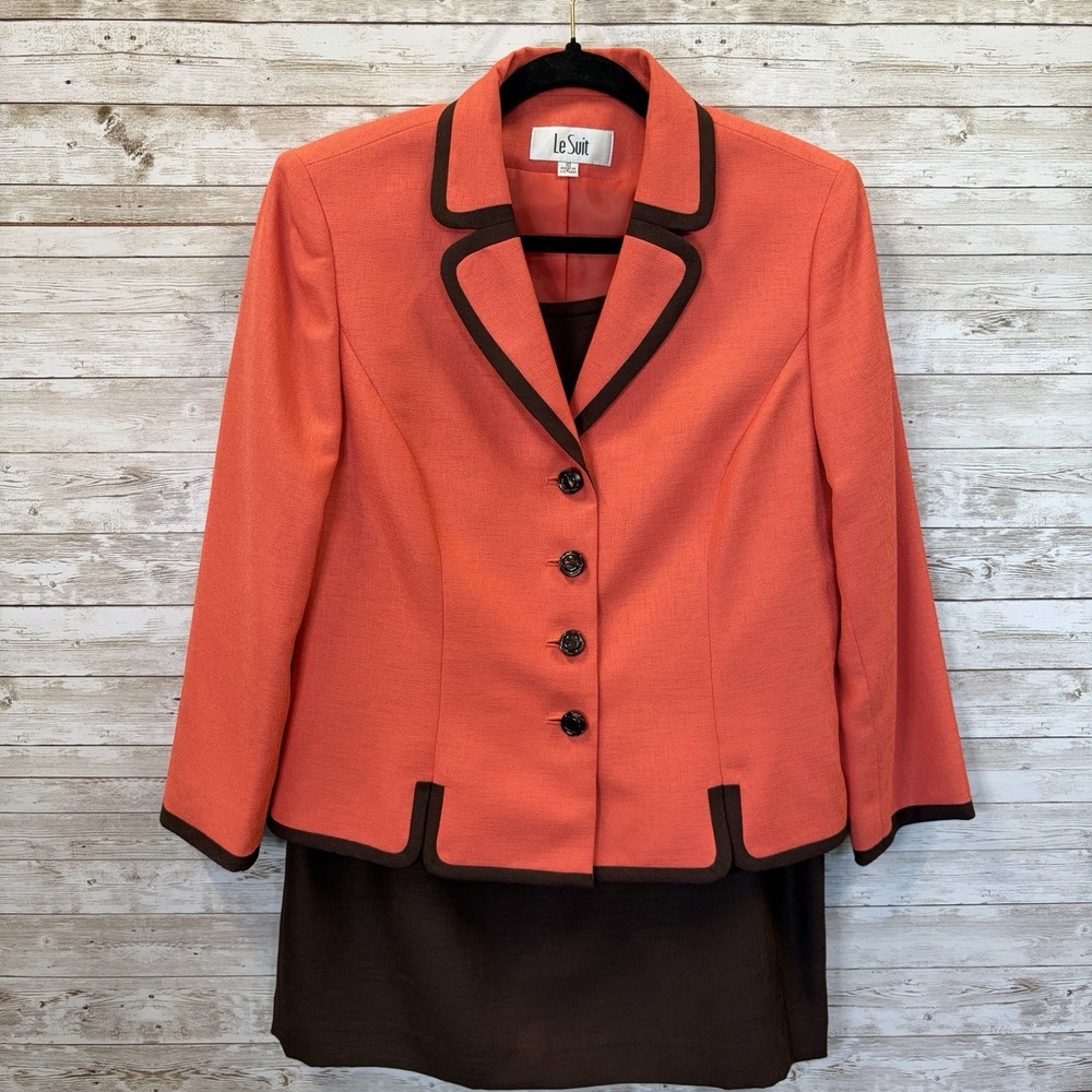 Vtg Le Suit Women 10 Skirt Suit Blazer Coral/Brown 2 Piece Tailored Equestrian